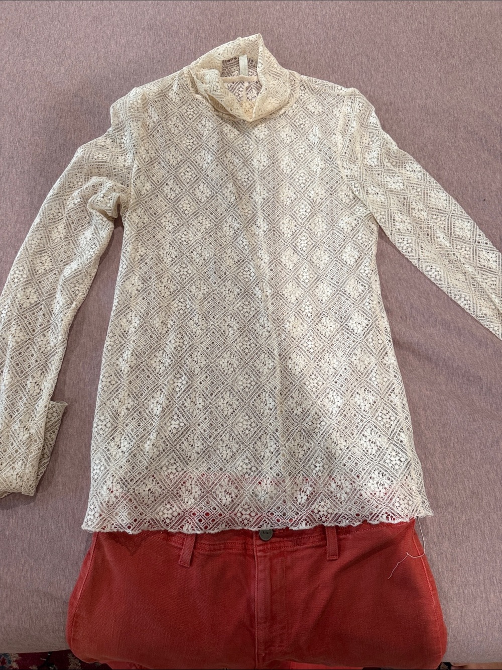 Free People Ivory Lace Turtleneck Long Sleeve Top